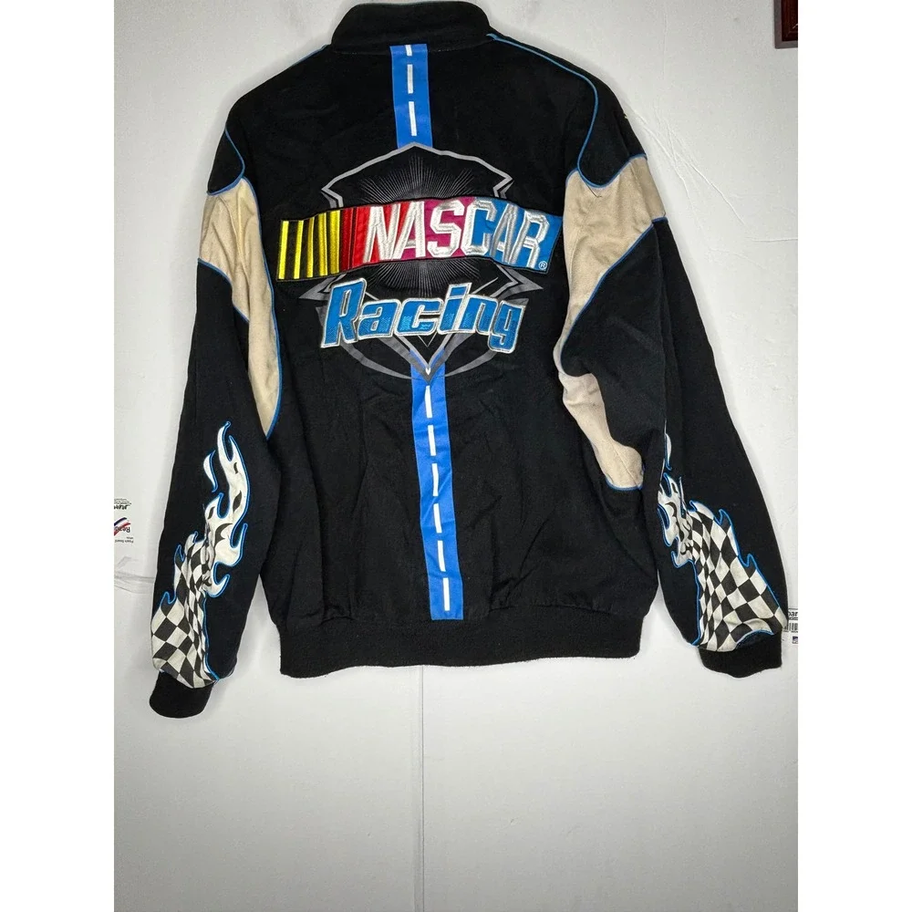 JH Design NASCAR Racing Jacket Mens XL Black Cotton Twill Embroidered Bomber Y2K